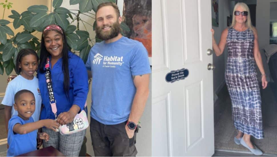From left: Alicia Buchanan, her two children, and Habitat Construction Supervisor Milby Thorton smile after closing on her home. Lisa Forrester opening the door to her new home after the dedication. A smiling mother and her two children stand with a Habitat for Humanity volunteer; beside them, another new homeowner stands in the doorway of her home wearing sunglasses and a patterned dress.