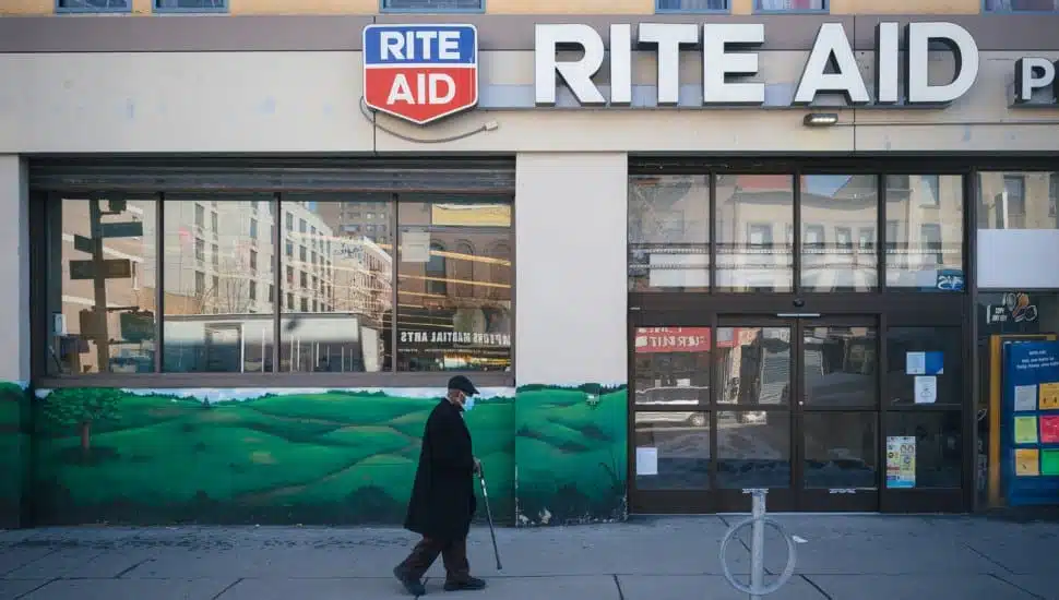 Person walking on sidewalk past Ride Aid.