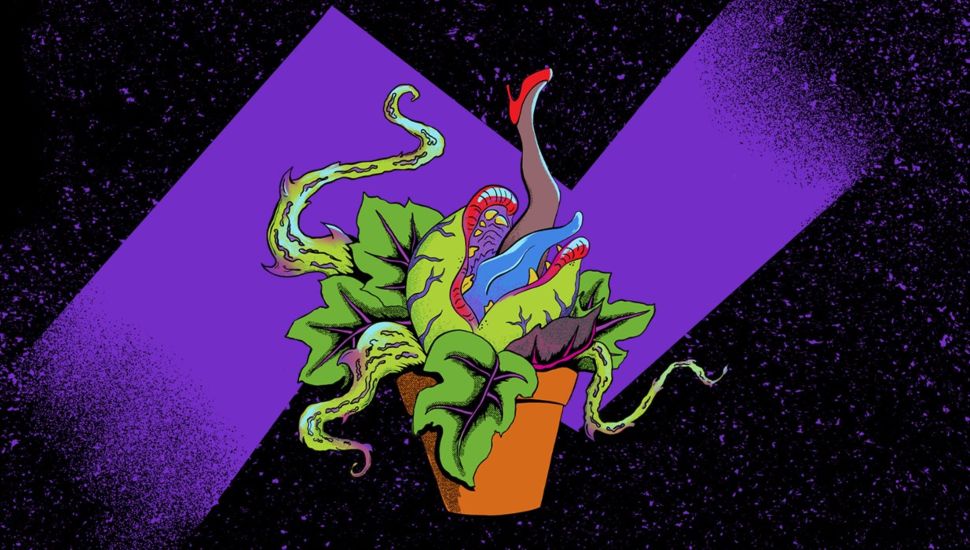 Colorful illustrated image of Audrey II, a monstrous plant with tentacles and sharp teeth, devouring a high-heeled leg in a flower pot, set against a purple and black graphic background.