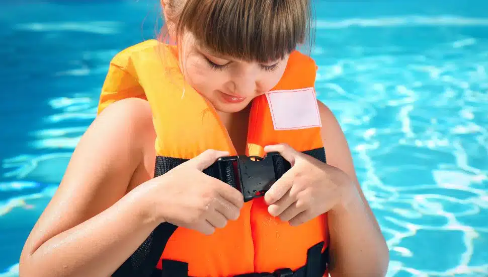 Little girl putting on orange life vest in swimming pool.