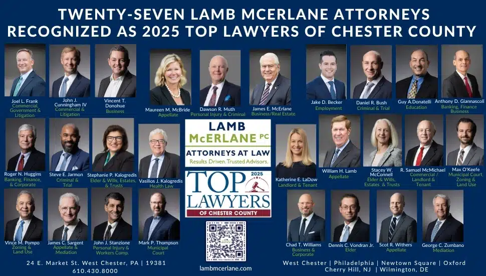 Promotional collage featuring 27 Lamb McErlane attorneys named 2025 Top Lawyers of Chester County by Daily Local News, with individual headshots, legal practice areas, firm logo, and contact information.