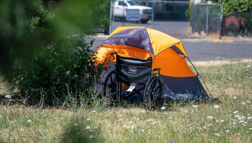 Homeless person's tent while wheelchair