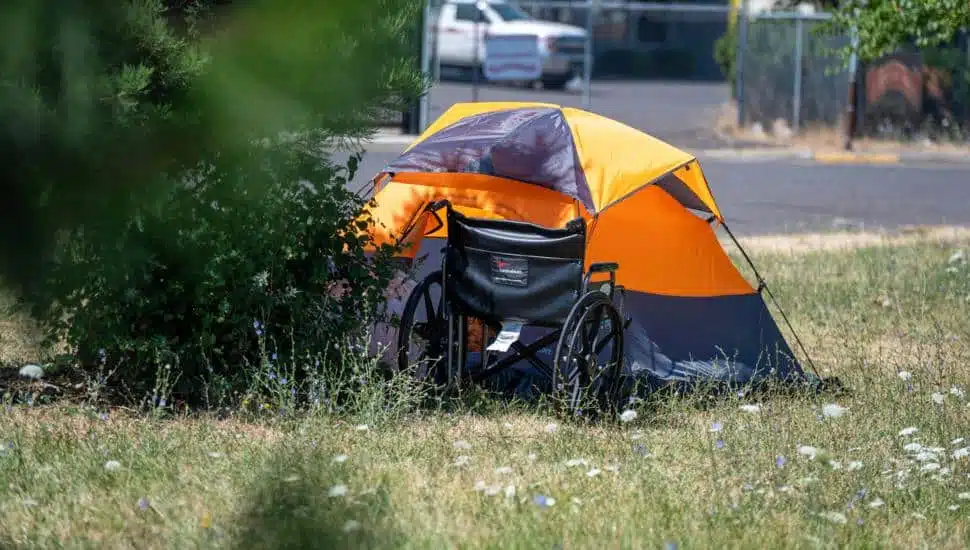 Homeless person's tent while wheelchair