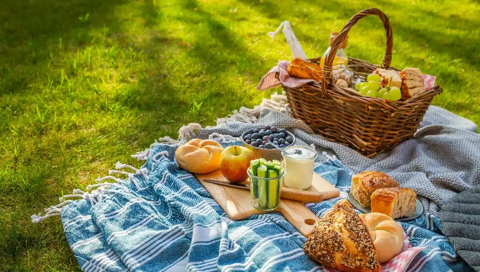 A picnic basket surrounded by an outdoor picnic setup.