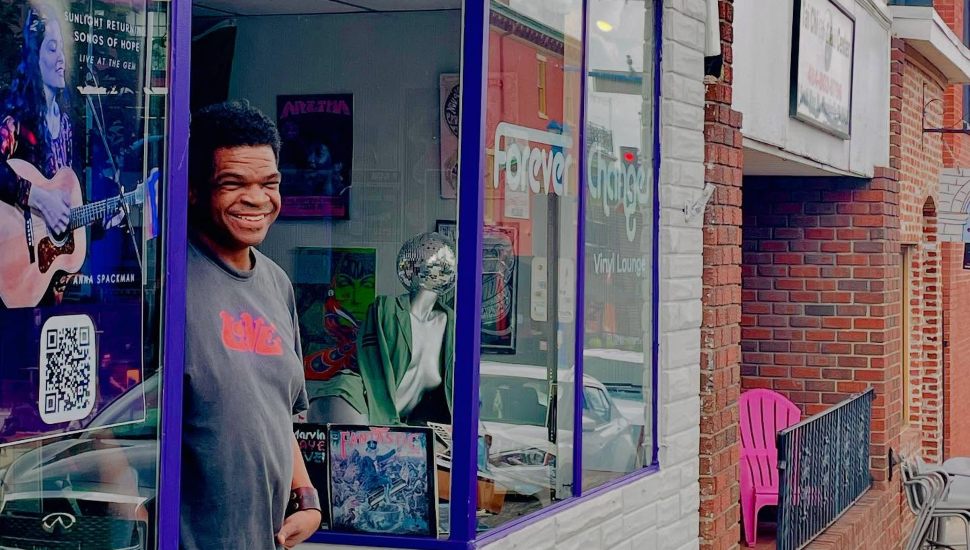 Shawn Cephas outside of record store entrance.