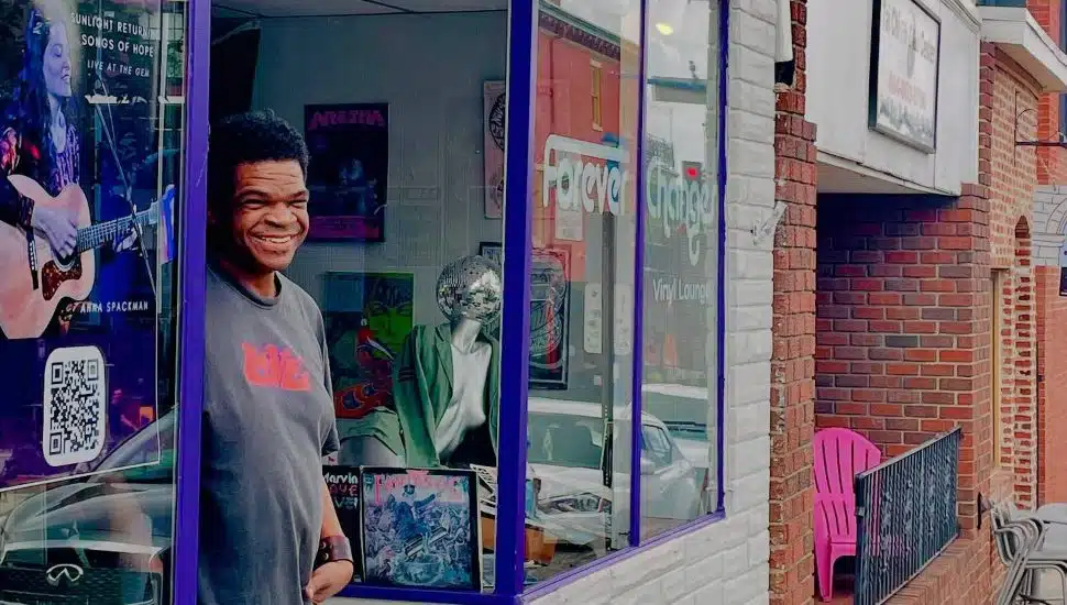 Shawn Cephas outside of record store entrance.