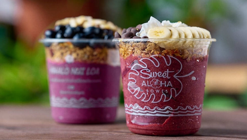 Two signature acai bowls from Downingtown's Sweet Aloha Bowls.