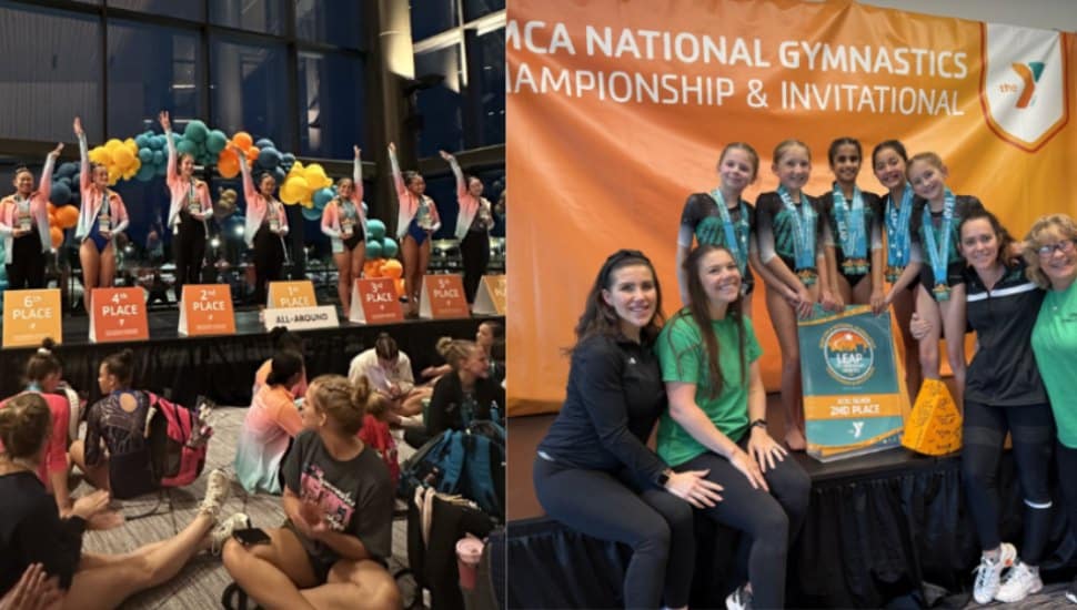 Left: Young gymnasts from the YMCA of Greater Brandywine’s GYMCATS team celebrate on the winners' podium, holding medals and trophies at the YMCA National Gymnastics Championship. Right: A group of GYMCATS gymnasts and coaches pose proudly with their 2nd place national team banner in front of an event backdrop.