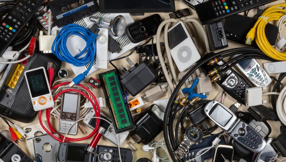 A large pile of assorted electronic waste, including old cell phones, chargers, remote controls, cables, MP3 players, and other small electronic devices and accessories.