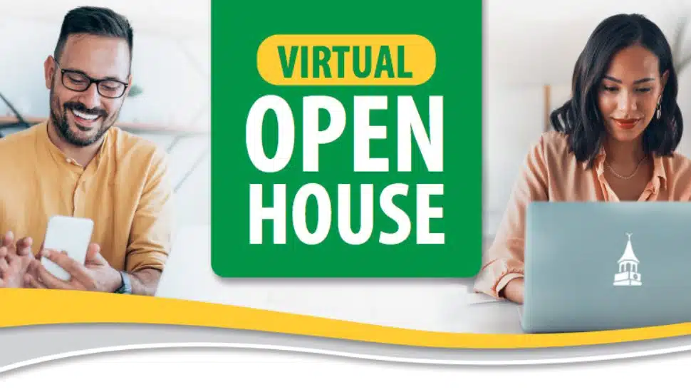 A promotional banner for Wilmington University's Virtual Open House featuring a man smiling at his phone and a woman using a laptop with the WilmU logo, alongside bold text that reads "Virtual Open House."