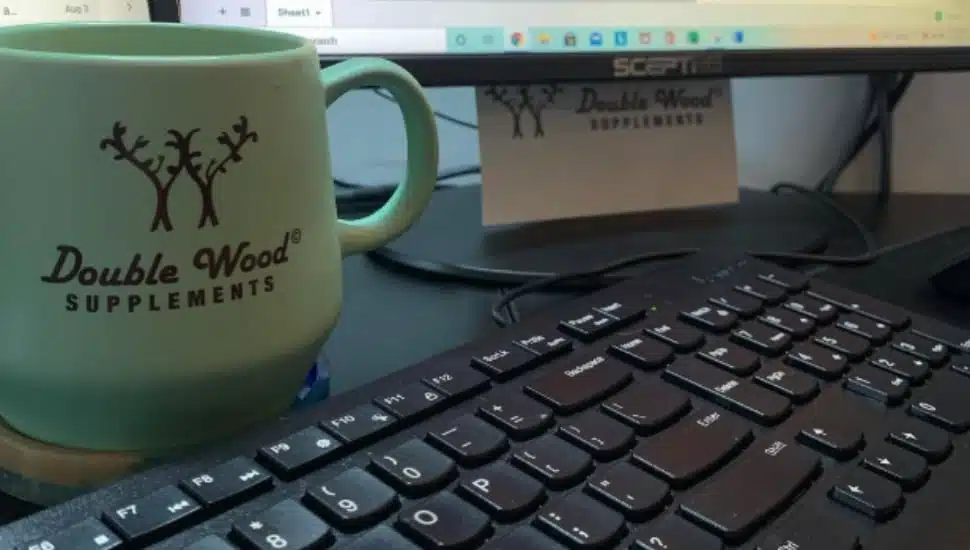 Double Wood cup and keyboard.