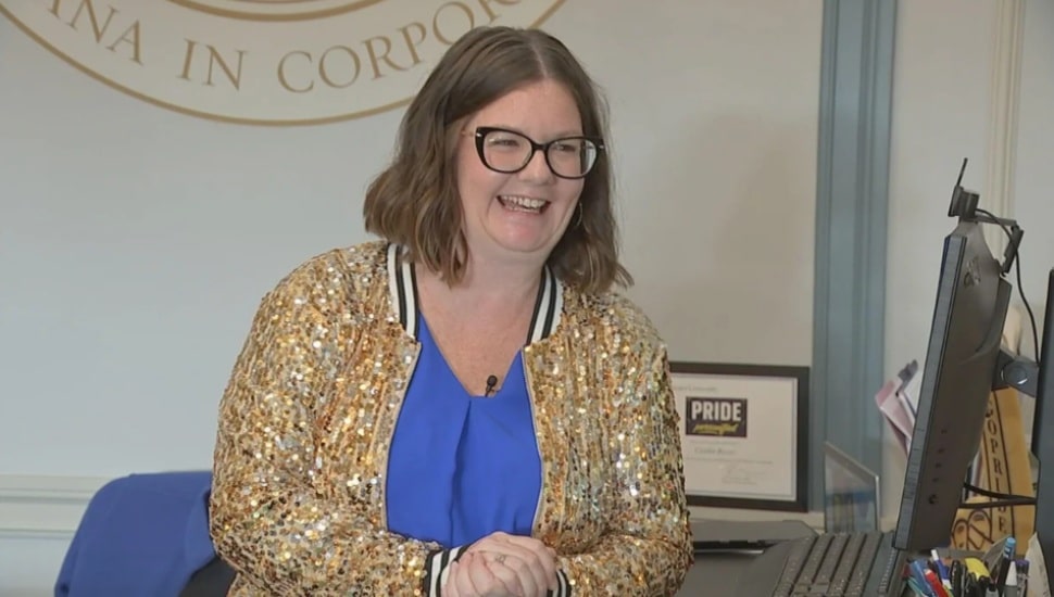 Widener University Campus Visit Coordinator Kate Royer in her traditional sequin outfit for Move-In Day.