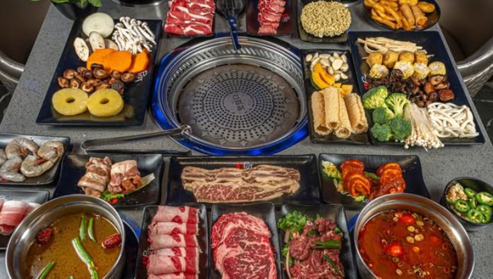Korean BBQ spread on table.