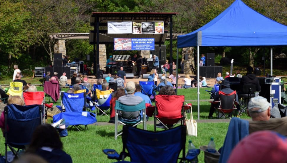 An audience on the lawn at a performance for the Main Line Music Festival.