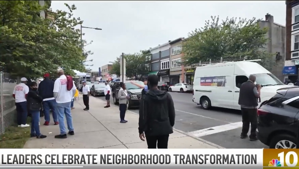 West Philadelphia block with people outside.