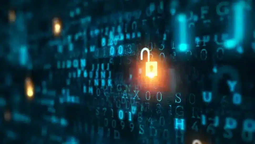 Digital padlock icon glowing among binary code, symbolizing cybersecurity and data protection.