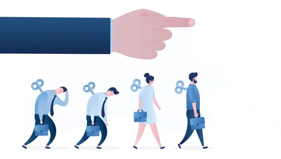 Businesspeople walk like clockwork toys.