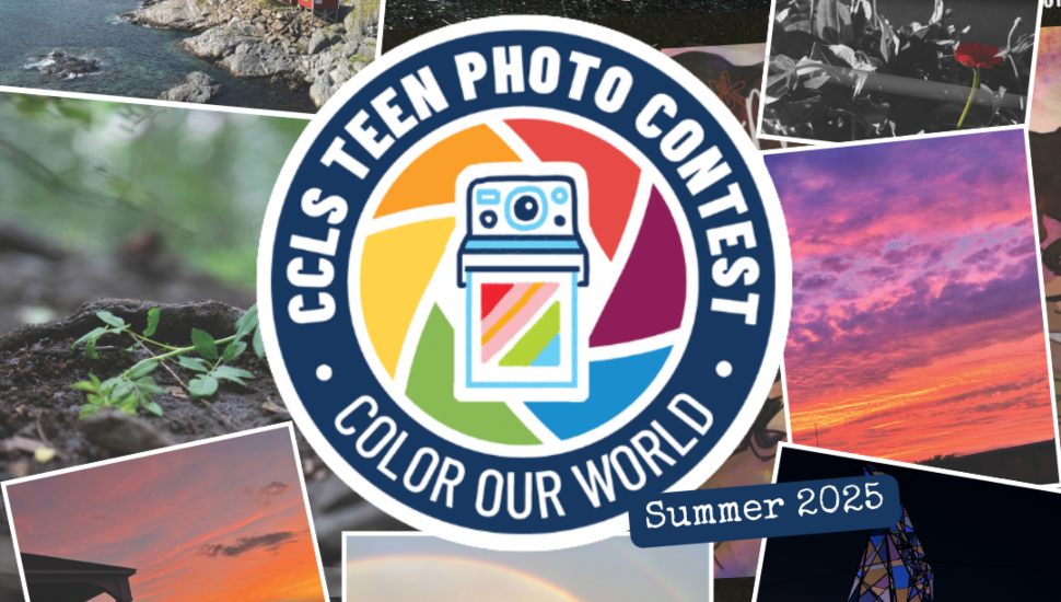Logo for CCLS Teen Photo Contest “Color Our World” Summer 2025, surrounded by a collage of colorful winning photographs including sunsets, landscapes, and artistic shots.