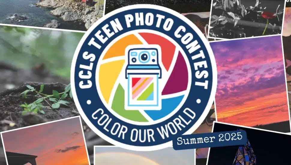 Logo for CCLS Teen Photo Contest “Color Our World” Summer 2025, surrounded by a collage of colorful winning photographs including sunsets, landscapes, and artistic shots.