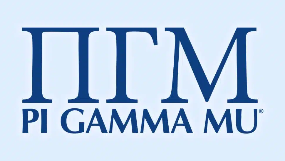 Pi Gamma Mu logo in blue text on a light blue background.