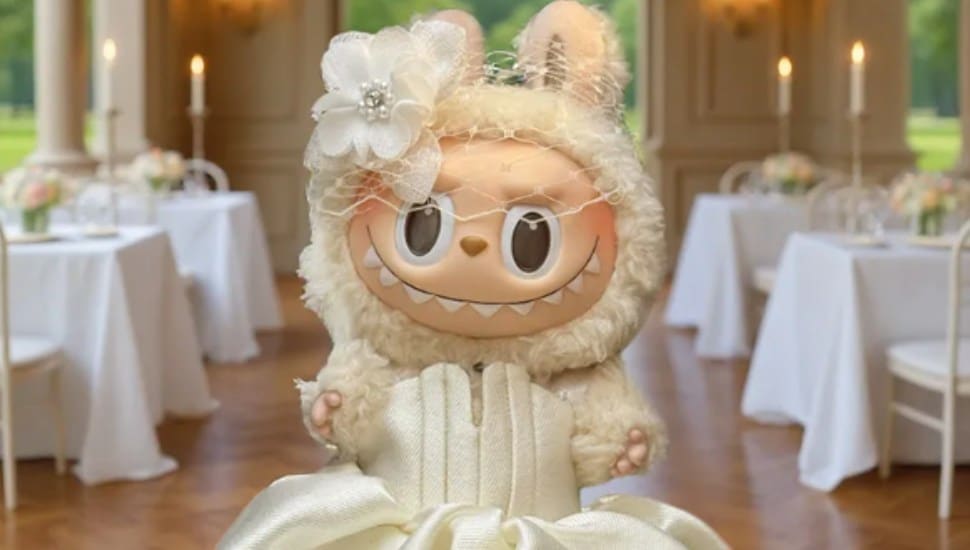 Labubu doll wearing a David's Bridal dress.