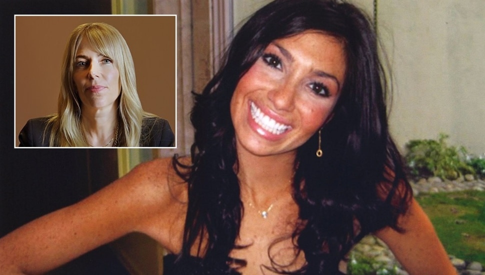 Dark-haired woman smiles next to headshot of blond woman.