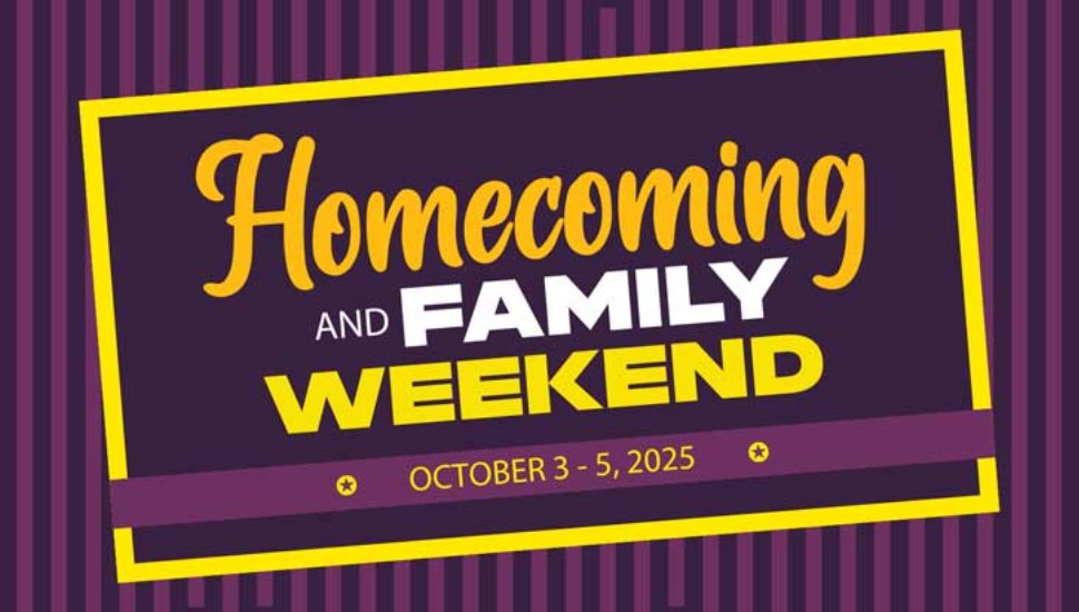 Purple and yellow promotional banner for WCU 2025 homecoming.