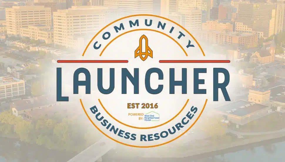 Launcher program logo featuring a rocket icon with the words “Community Business Resources” and “Est. 2016,” displayed over a faded aerial view of the Wilmington, Delaware skyline.