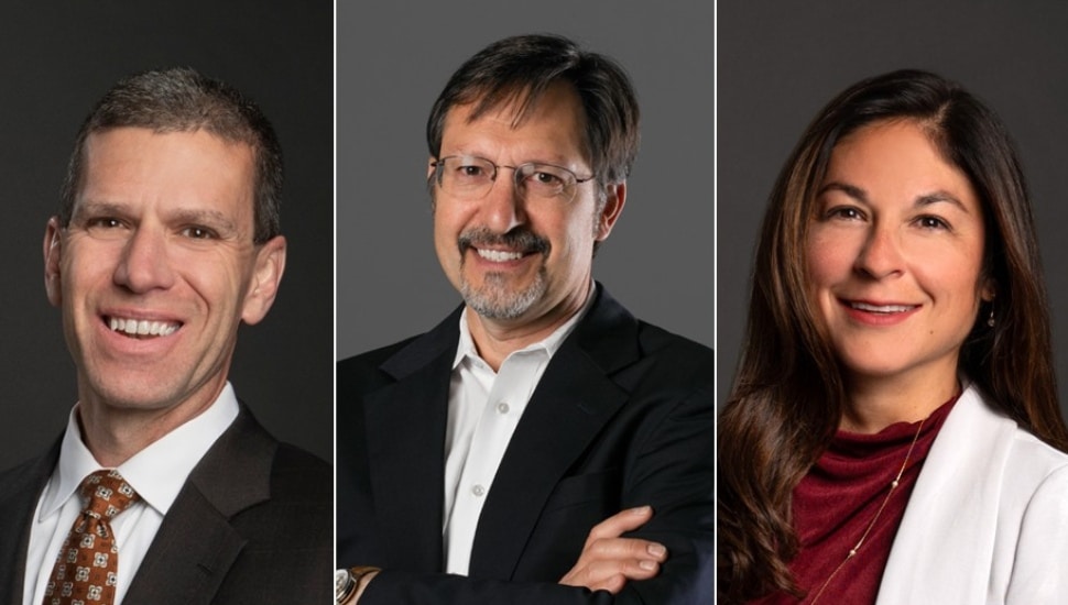 Headshots of two male and one female business executives.
