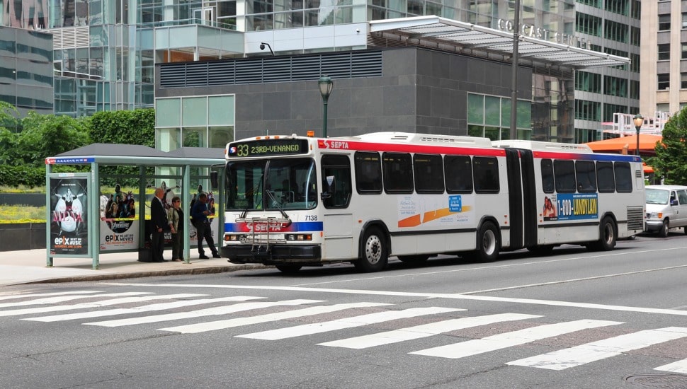 SEPTA bus on road at a stop.