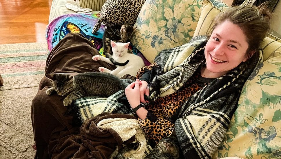 Sierra RyanWallick in a blanket on a couch surrounded by kittens.