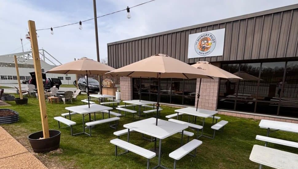 The exterior and outdoor patio at The Hungry Pilot in Coatesville.