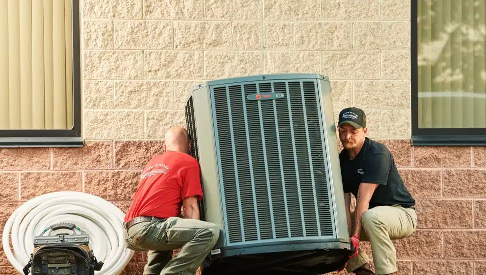 Two HVAC technicians install a large outdoor air conditioning unit beside a commercial building, working together to position the system safely.