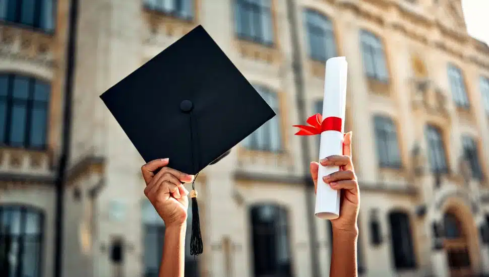Academic grad holds grad cap and diploma in air.