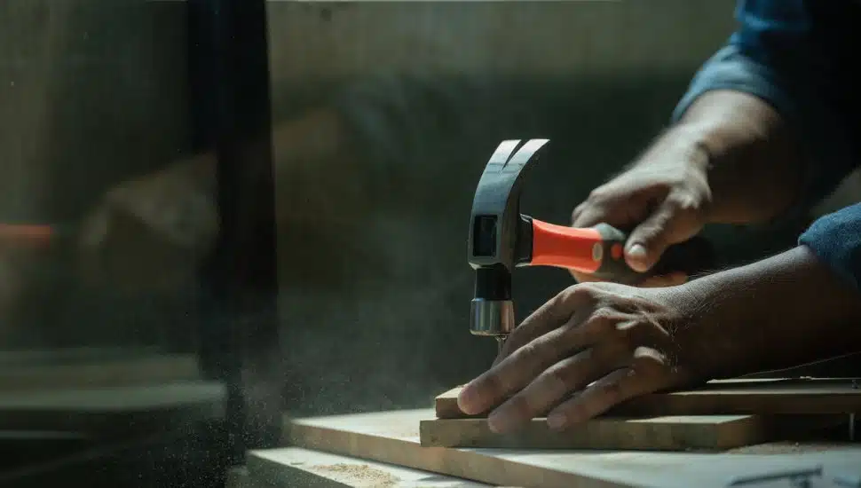 A carpenter furniture maker hammers a nail into the back of the cabinet with a hammer