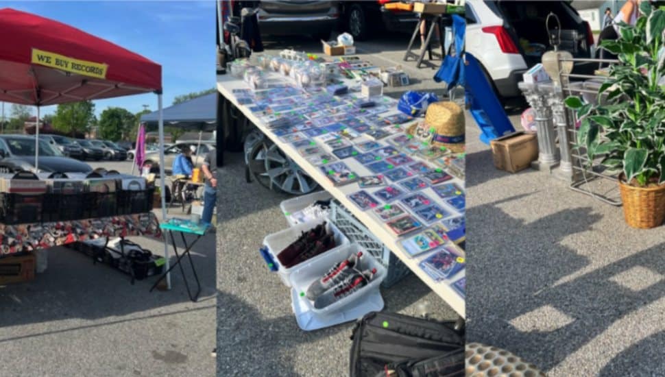 Outdoor vendor booths at a community yard sale showing vinyl records, collectibles, shoes, and plants displayed on tables and beside cars.