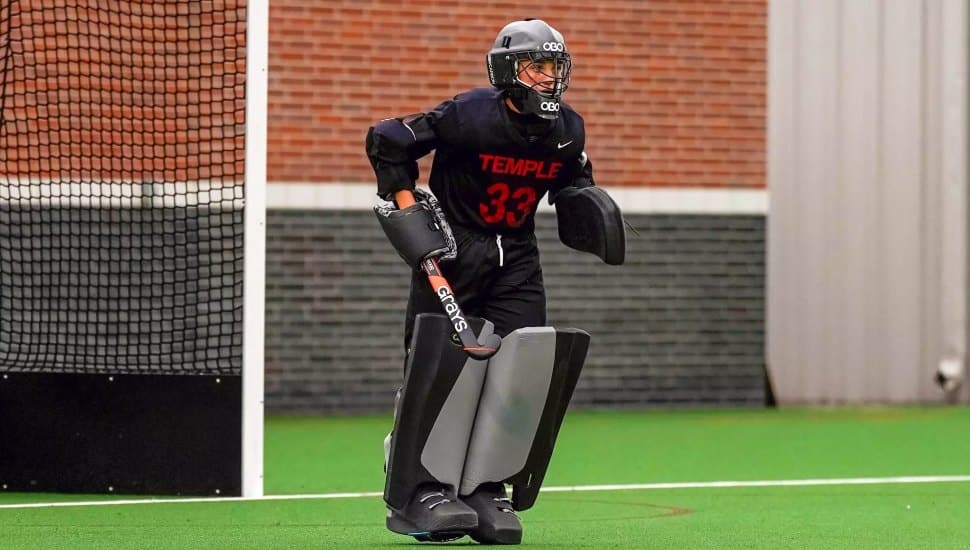 Alex Lepore in goalie uniform.