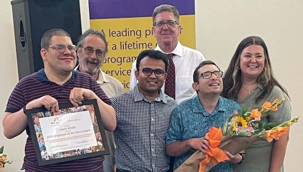 Pictured (from left) are: John, C. and Laura L’s father, Giant Employees; Tej Patel, Giant Assistant General Manager; Arc Employer of the Year; John Breznicky, Arc ETS; Marv C., Giant Employee; and Shelby Hallman, Arc Director of CES.