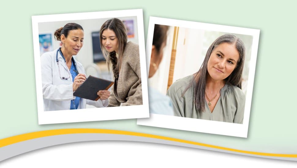 Two photos of healthcare professionals—one shows a nurse practitioner reviewing information with a young woman, and the other shows a woman attentively listening in a counseling-style setting, representing Wilmington University’s BSN to DNP nursing programs.