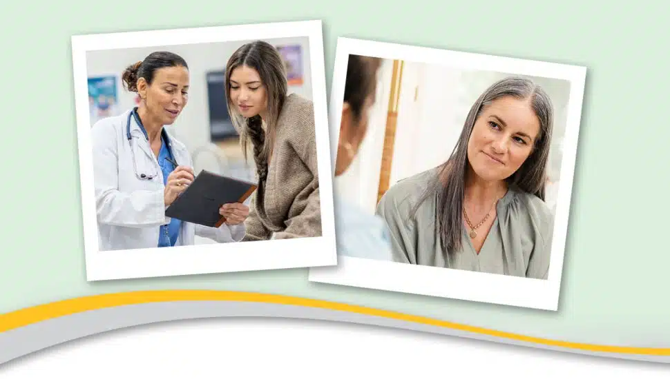 Two photos of healthcare professionals—one shows a nurse practitioner reviewing information with a young woman, and the other shows a woman attentively listening in a counseling-style setting, representing Wilmington University’s BSN to DNP nursing programs.