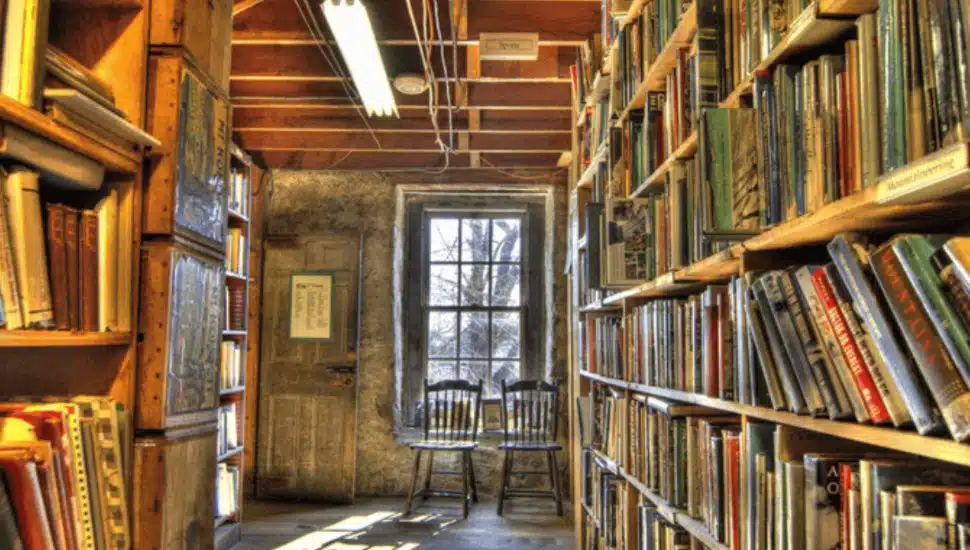 The interior bookshelves and seating at Baldwin's Book Barn.