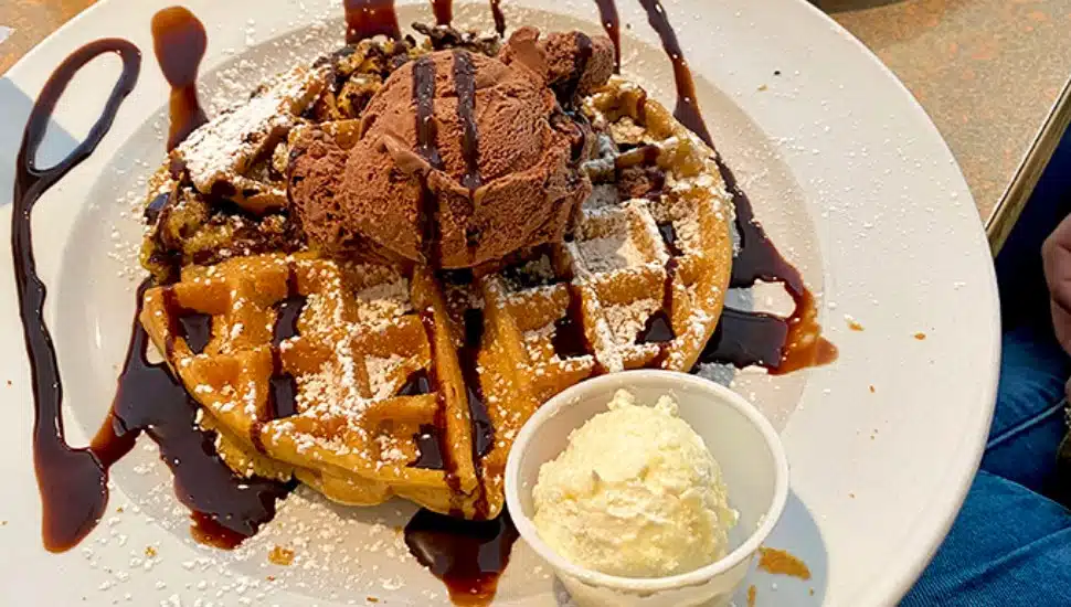 The chocolate waffle topped with chocolate ice cream at Exton's Bistro 24.