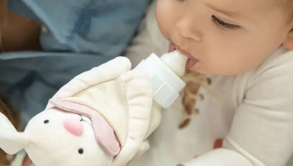 A Bottle-Lovey baby bottle attachment from Bottimals.