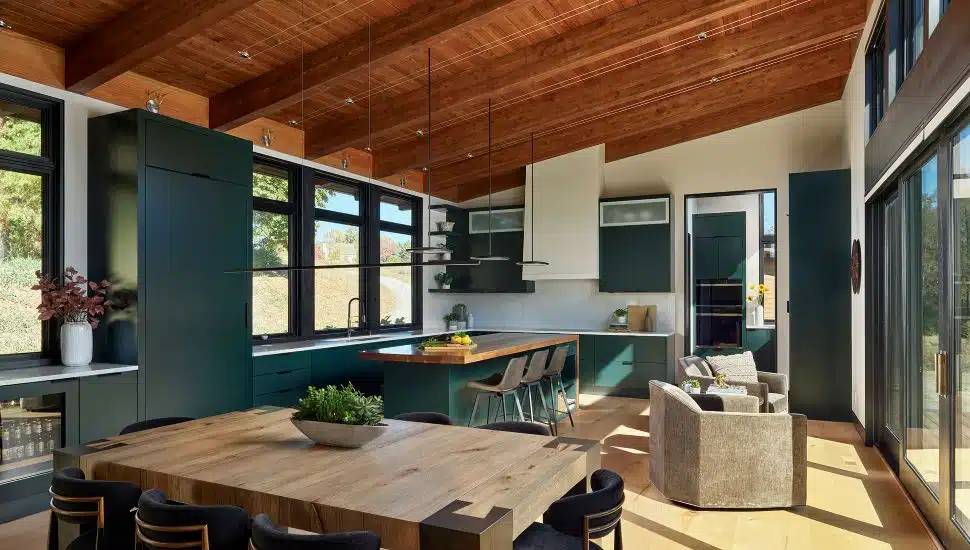Bough Haus kitchen with windows and wood ceiling.