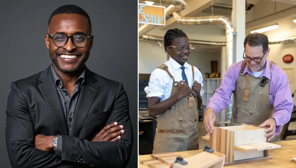Headshot of male school administrator next to picture of student and teacher working on an art project.
