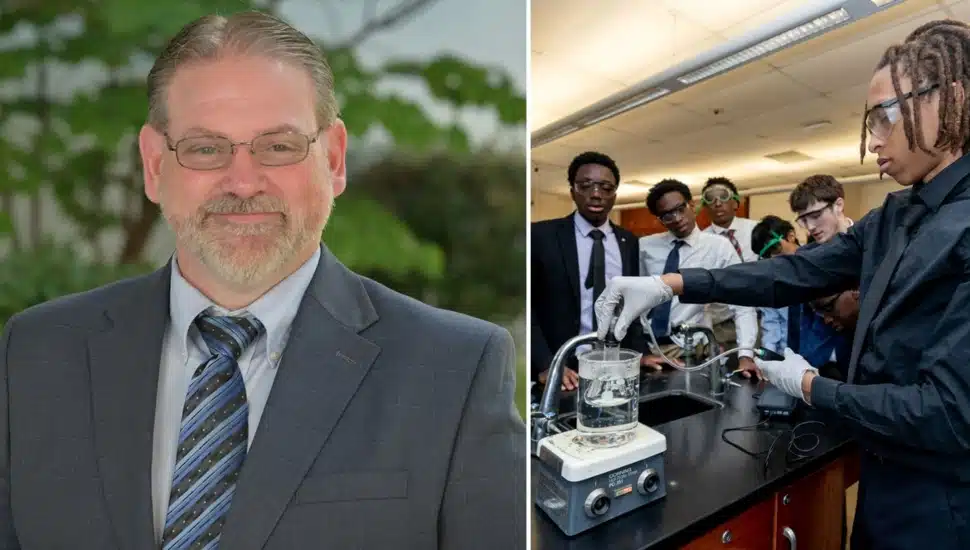 Headshot of middle-aged male teacher next to picture of students doing a science experiment.