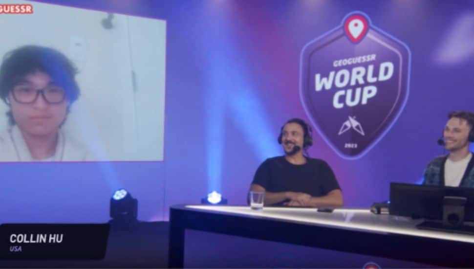 Collin Hu on a screen talking to Youtuber Rainbolt.