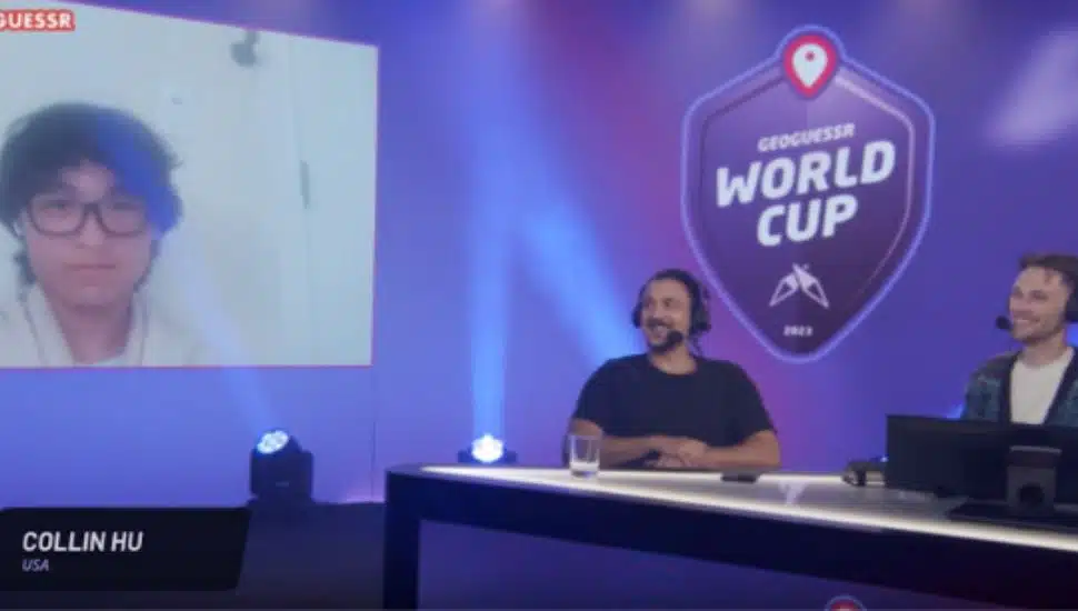 Collin Hu on a screen talking to Youtuber Rainbolt.