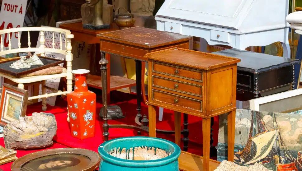 Several available tables and antiques at an estate sale.