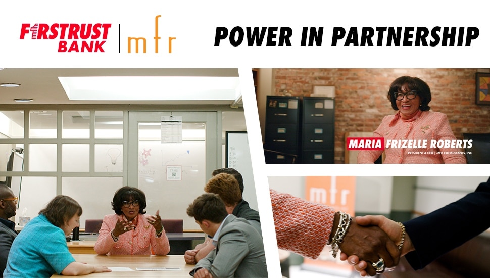 Photo collage of business meeting, interview, and handshake.
